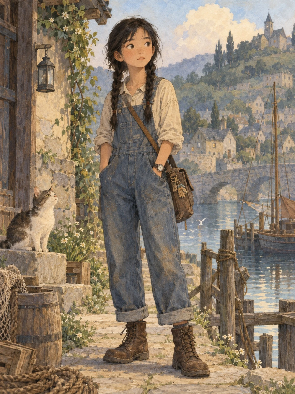 Aja character study in denim overalls beside a harbor