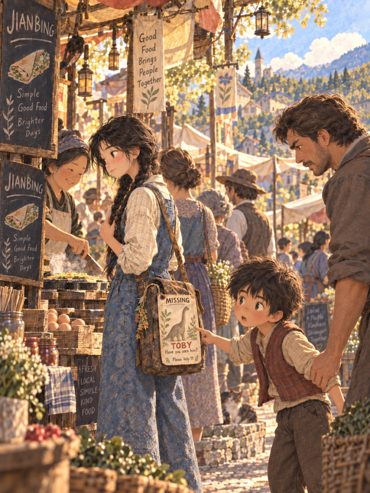 A child recognizes Toby’s missing notice on Aja’s bag at a market