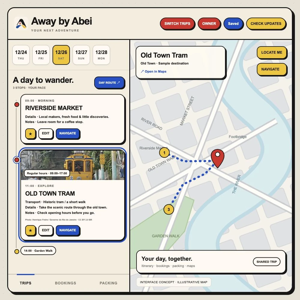 Away by Abei interface concept with sample itinerary cards, dates, trip controls and an illustrative map