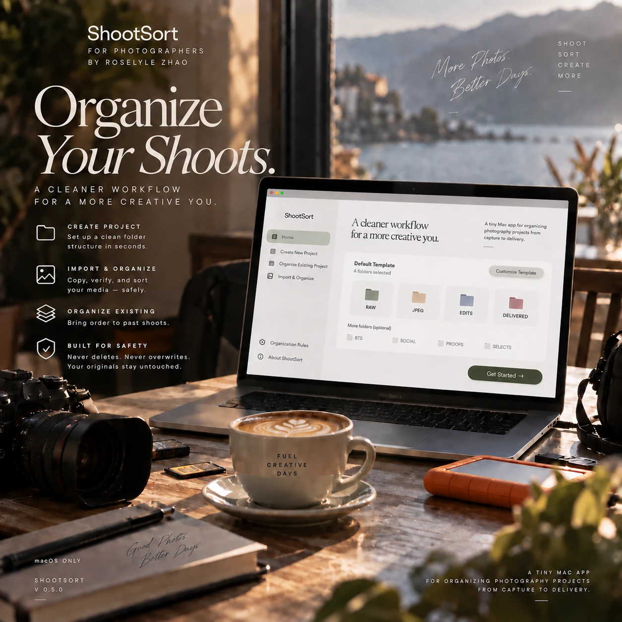 ShootSort visual concept showing a laptop interface for organizing RAW, JPEG, edits and delivered photographs